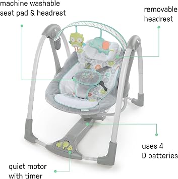 Ingenuity - Swing 'n Go Portable Swing - Hugs and Hoots, 5 Swing Speeds, 8 Soothing Melodies, Removable Toy Bar, Newborn and Above, Grey