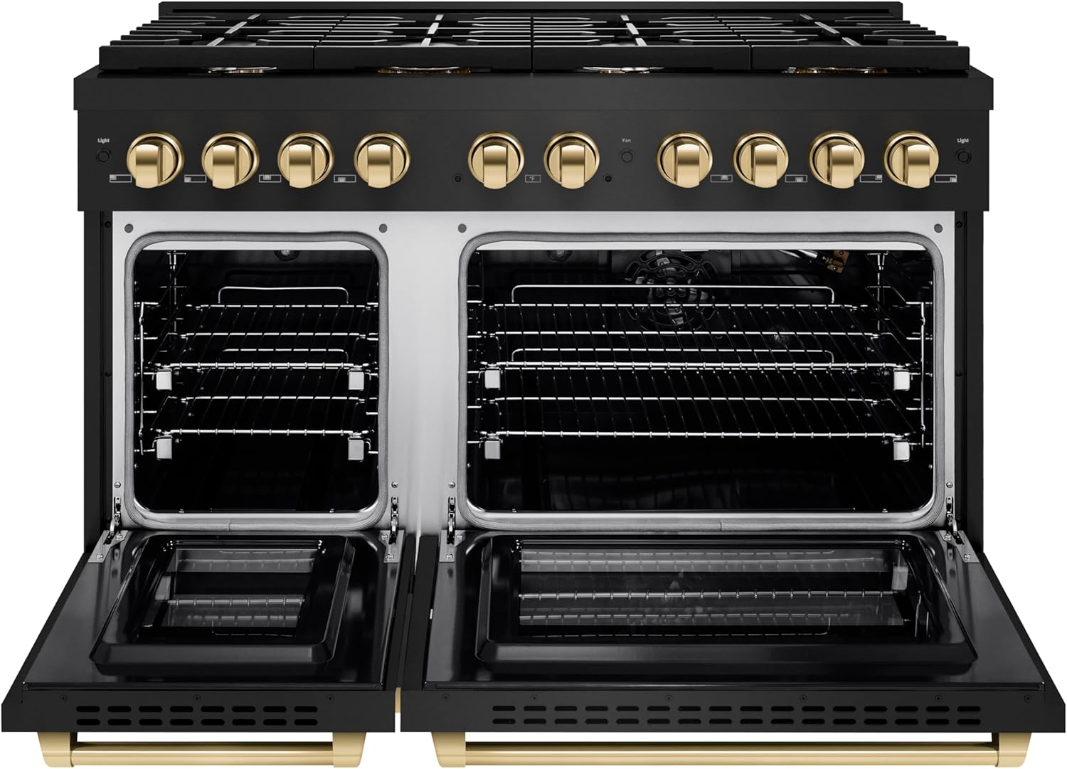 ZLINE Autograph Edition 48 in. 6.7 cu. ft. Paramount Double Oven Gas Range with 8 Burner Cooktop in Black Stainless Steel and Polished Gold Accents (SGRBZ-48-G)