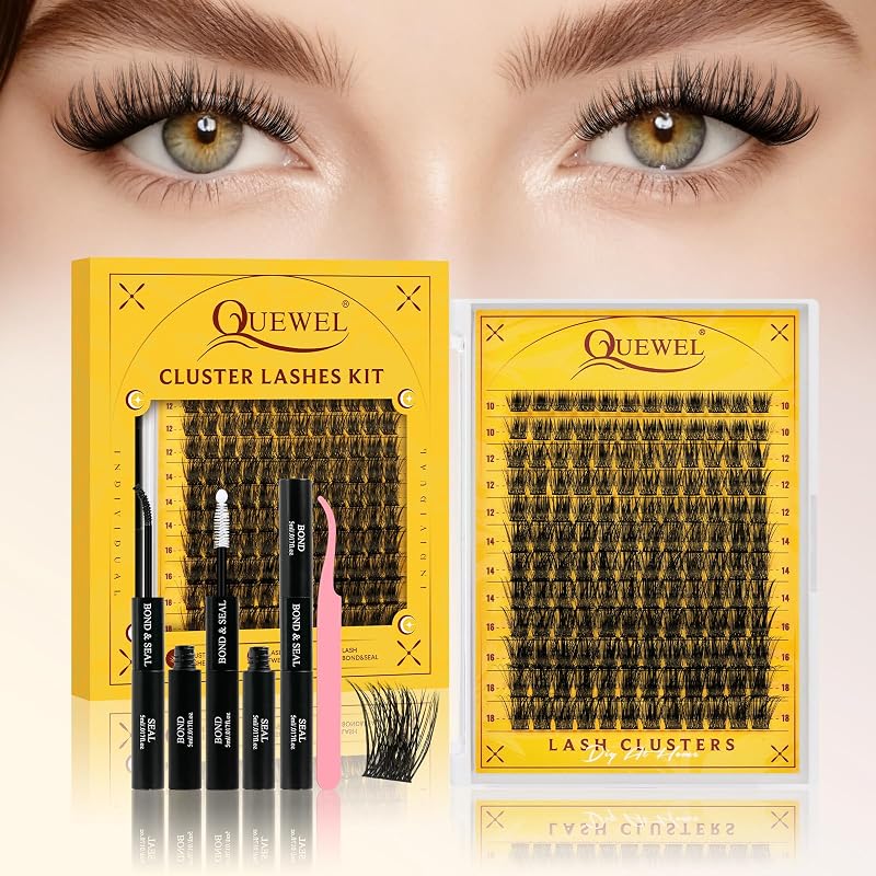Kit de cílios em tufos QUEWEL C Curl Wispy com cola Bond and Seal, 144 unidades, faixa fina, DJ-FD-B