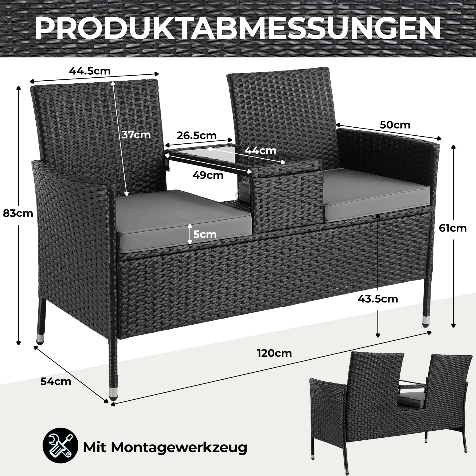 Clevich Polyrattan Gartenbank mit Tisch, Balkonmöbel 2er Set mit Weicher Sitzkissen, Gartenmöbel Set für Kleinen Balkon, Wetterfest, UV-beständig, Outdoor Sitzbank für Terrasse, Garten (Schwarz)