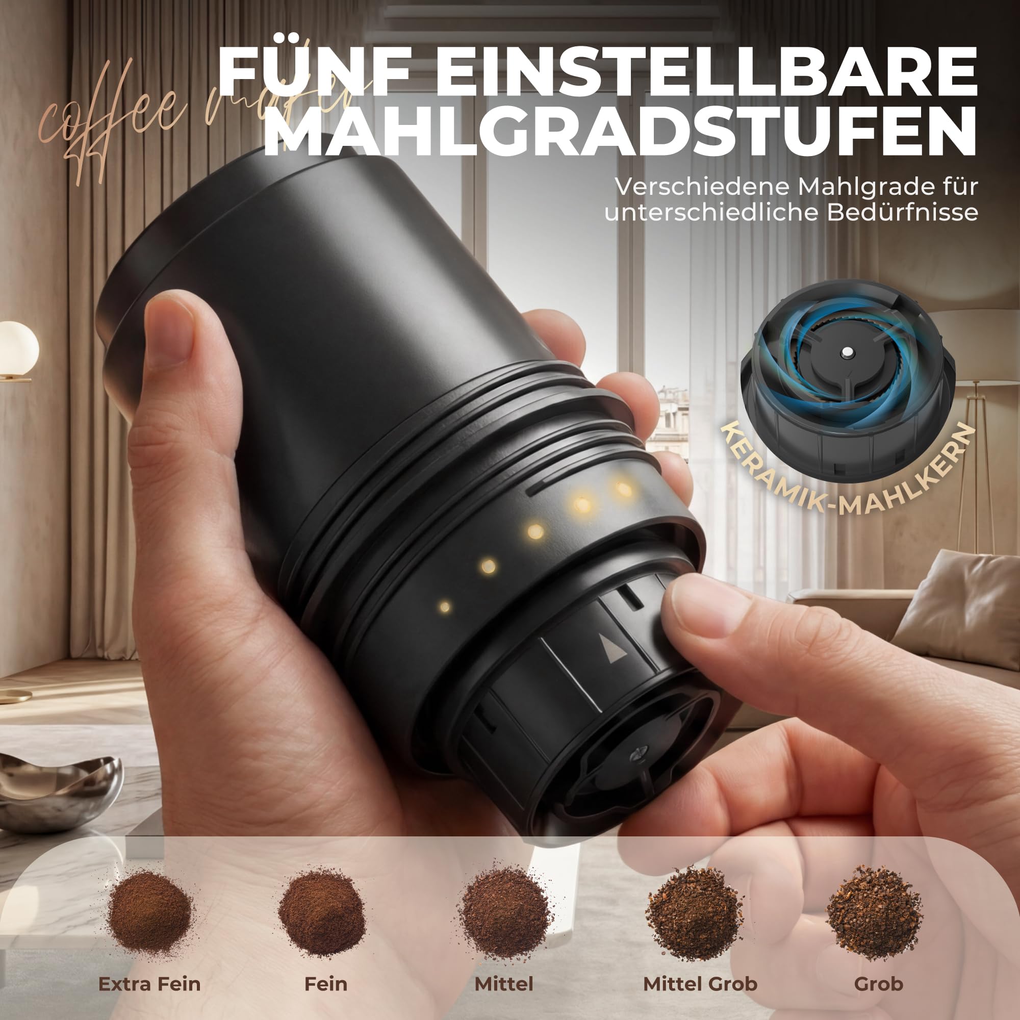 HAUSHOF Tragbares Kegelmahlwerk, Kabellose Elektrische Kaffeemühle | mit Integrierter Infusion, Doppelt Öffnendem Deckel, Edelstahlfilter und Thermobecher für Reisen und Camping, Weiß