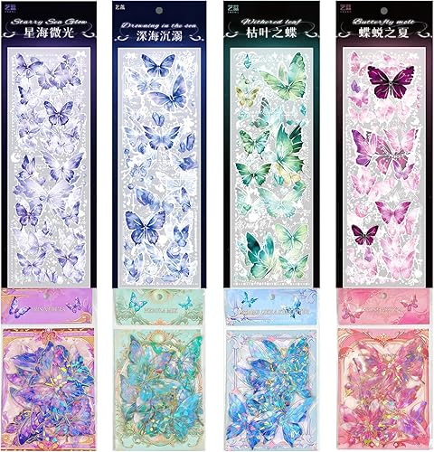 JHGCVX Juego de 92 calcomanías de mariposa 3D, calcomanías holográficas transparentes para álbumes de recortes para cuadernos, decoración de