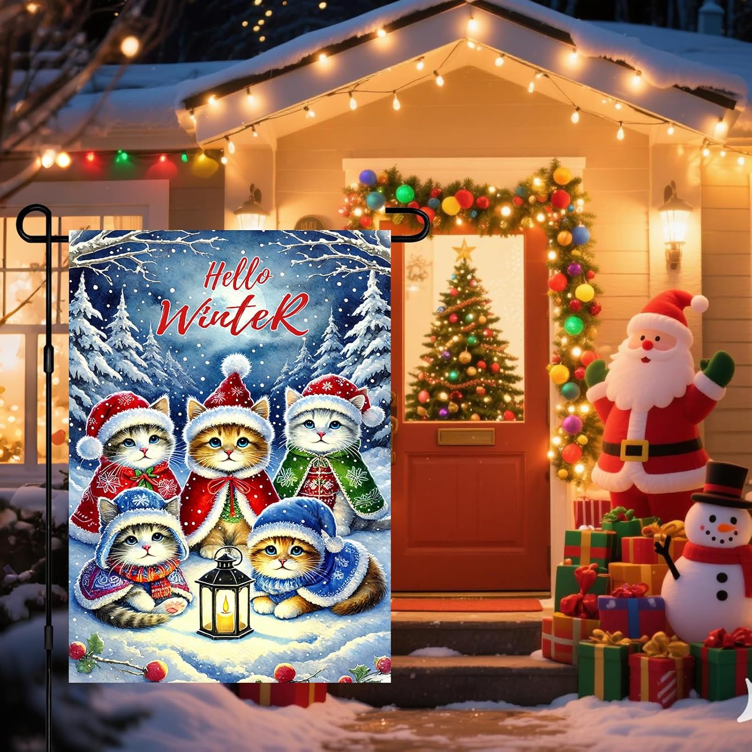 Winter Garden Flag 12x18 Inch Christmas Garden Flag Snowy Forest Kitty Yard Banner Seasonal Welcome Winter Cat Gardens Flags for Porch Lawn Patio Holiday Decor - Image 2