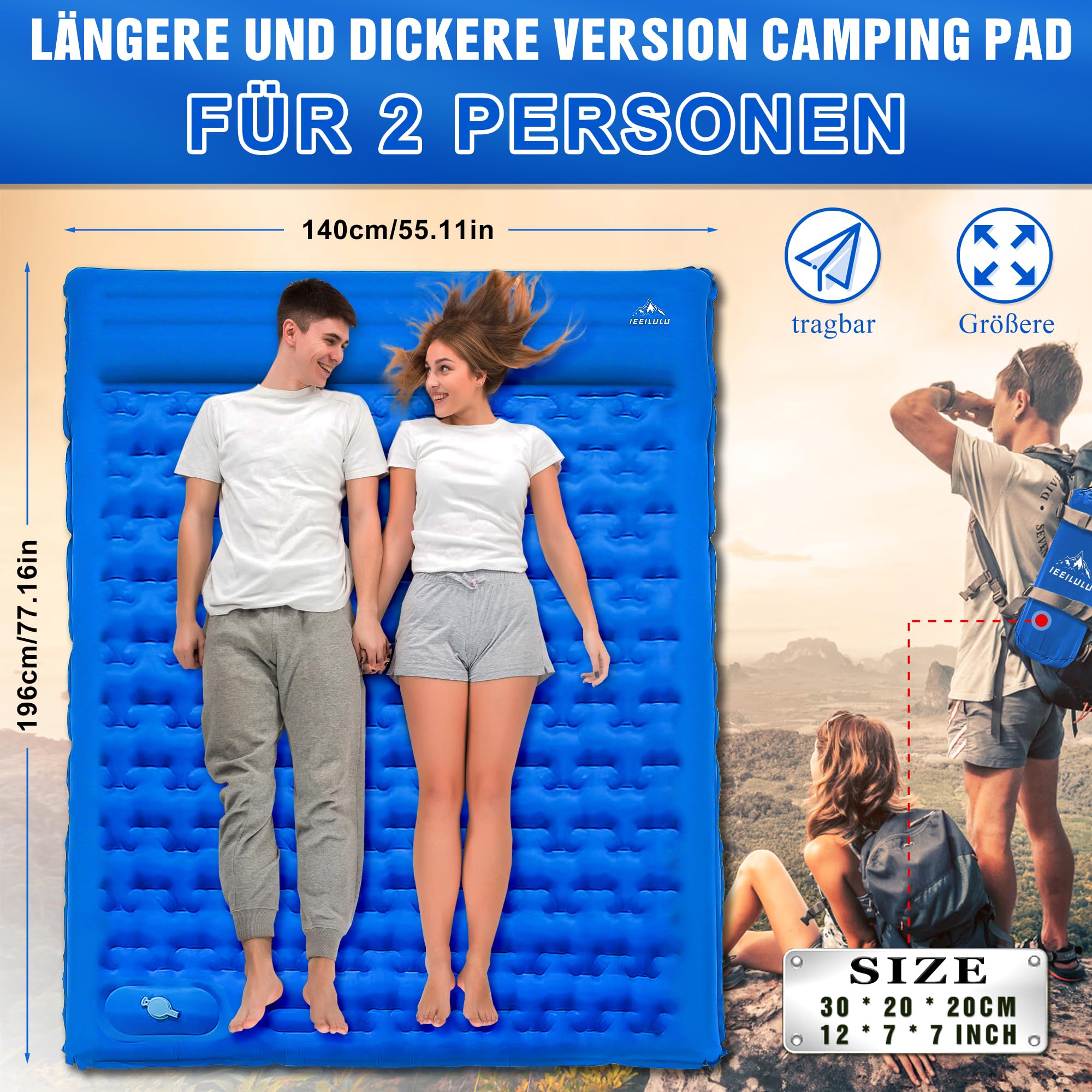 IEEILULU Isomatte 2 Personen, 196x140cm Matratze Camping, 12cm Verdickte Camping Isomatte, Aufblasbare Schlafmatten für Outdoor Wandern Zelt Backpacking (Blau)