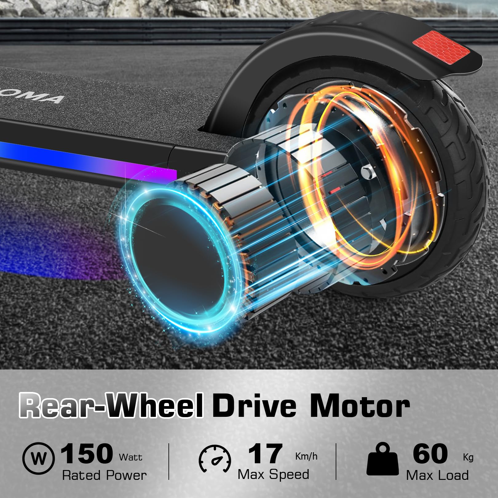 Caroma Scooter elettrico per bambini dai 6 ai 14 anni, motore da 150 W, 16 km/h, scooter elettrico per bambini, velocità e altezza regolabili, luci colorate, display LED