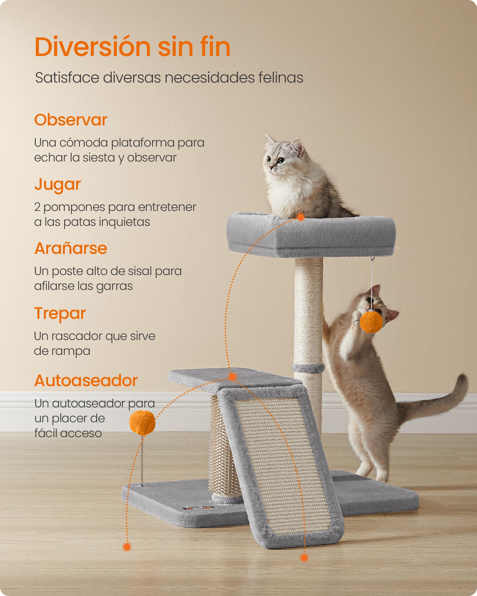 Feandrea Rascador con Cama, Rascador Multifuncional con Rampa Giratoria, Plataforma, Auto-Aseador, Pompones, Pequeño Árbol para Gatos de Interior, Gris Claro PCA024G01