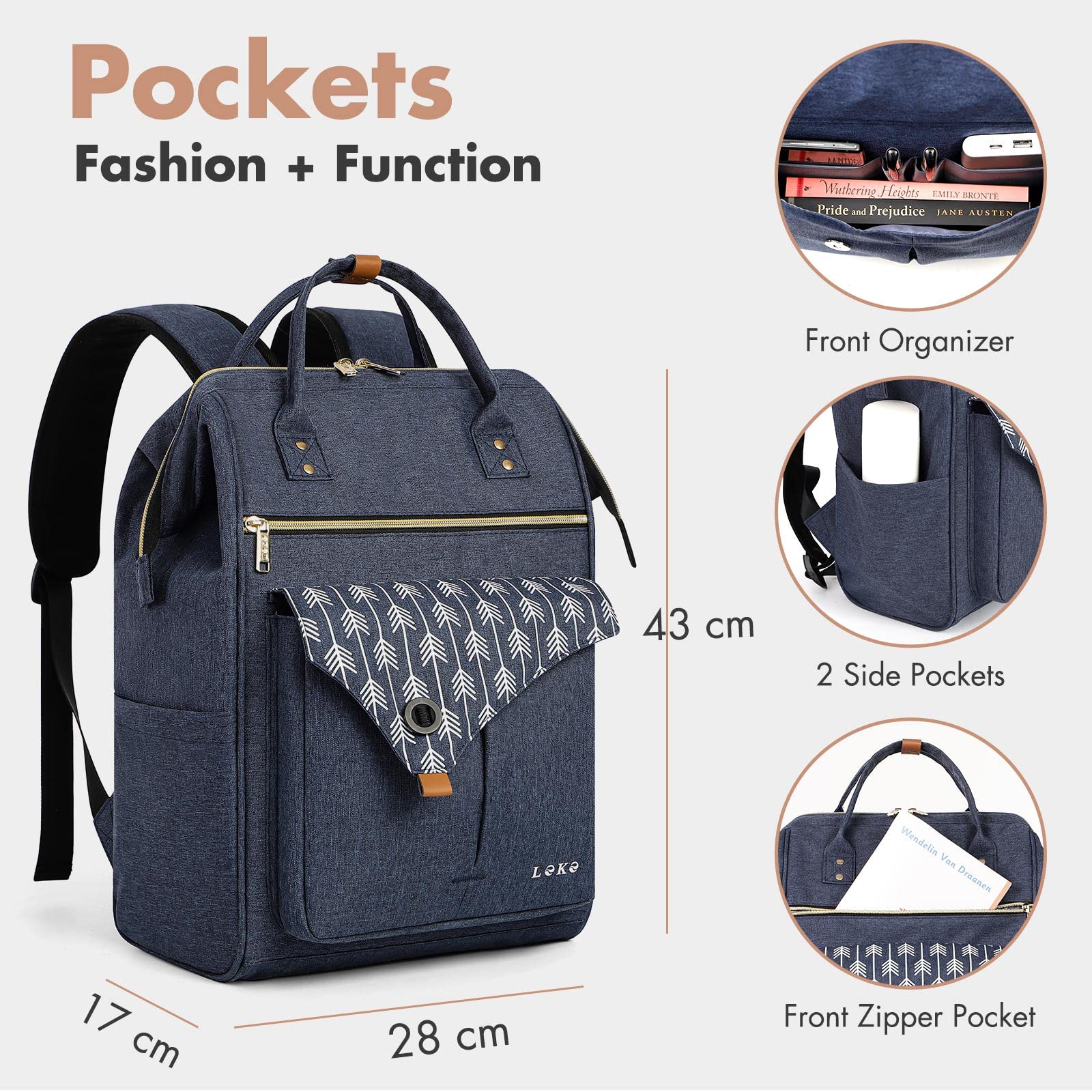 Lekesky Zaino Donna, Multiuso Backpack Porta PC 15.6 Pollici con Borsa Antifurto, Impermeabile Zaino Lavoro Laptop Elegante per Viaggio, Ufficio, Università, Blu