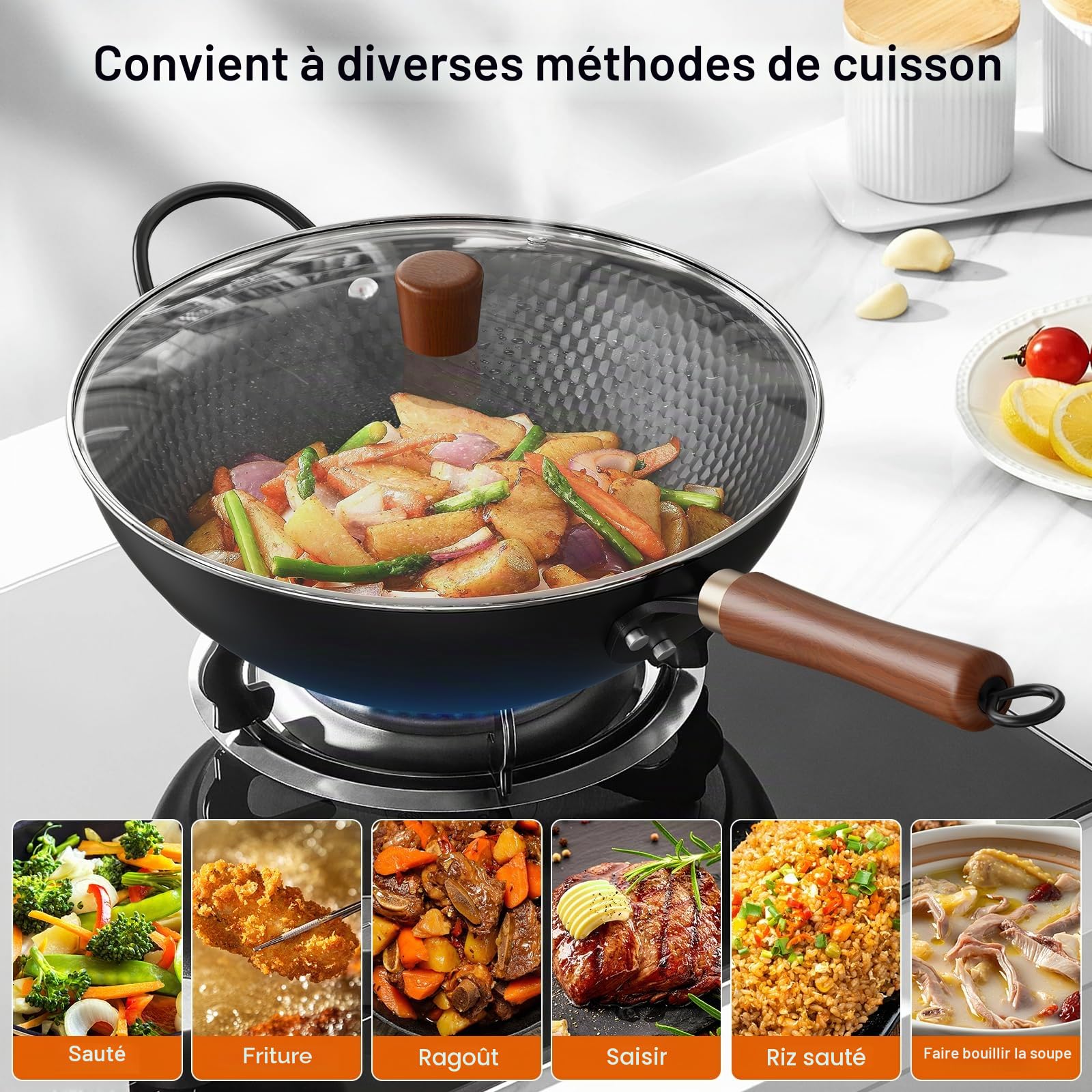 Jobin Wok Antiadhésif 33 cm, Pré-assaisonné wok Induction avec Poignée Auxiliaire en Bois et Acier, Sans Revêtement Chimique, Wok Pour Induction, Plaques Électriques, Gaz