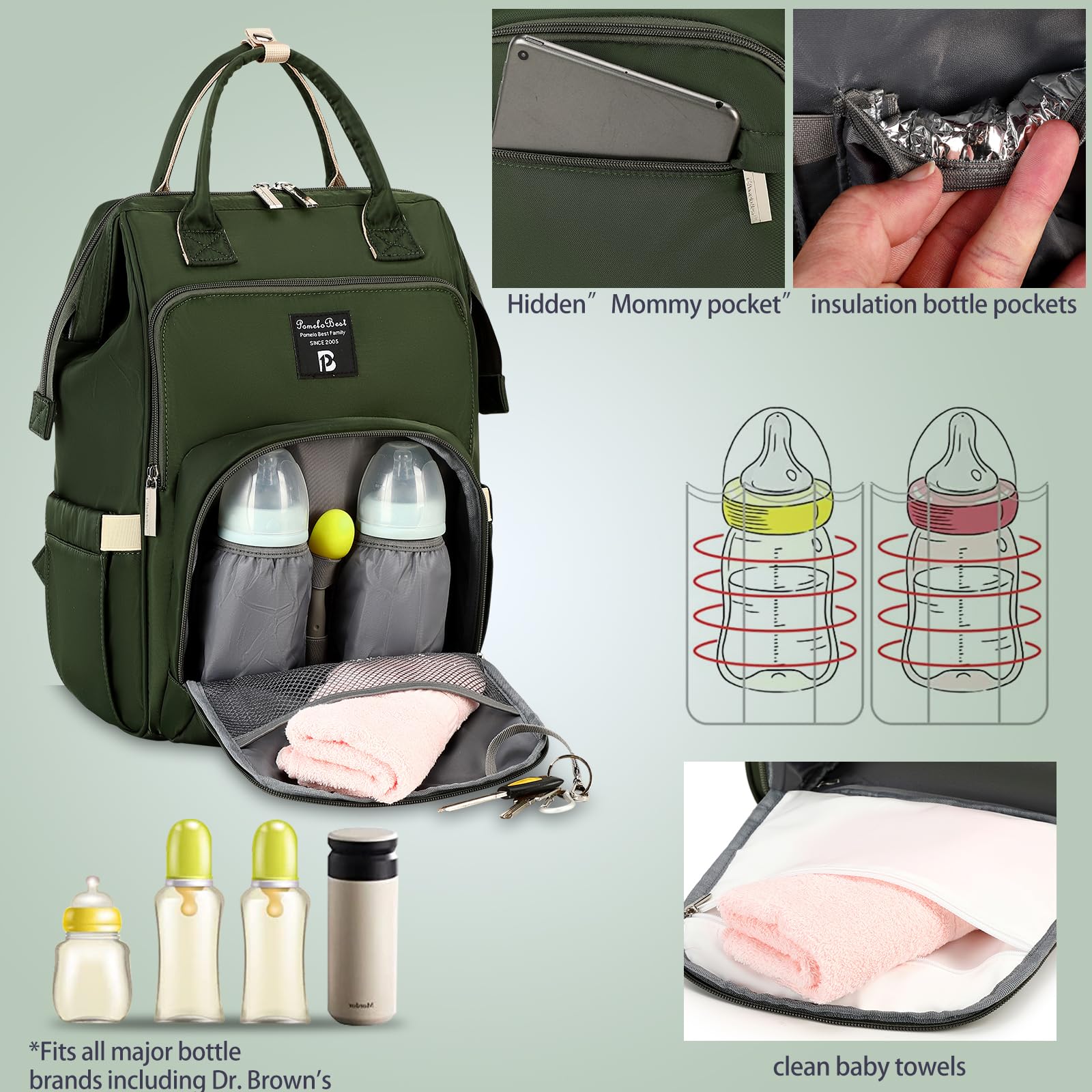 Pomelo Best Zaino Mamma Multifunzione Neonato Fasciatoio Bambino Impermeabile Borsa Stoffa Grande capacità con Materassino fasciatoio, 2 tasche isolanti bottiglia per Viaggiare
