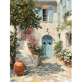STYLER Tuscan Siesta Canvas Picture 60 x 80 cm - Mediterranean Court Motif with Orange Tree - Italian Wall Picture with Warm Colours
