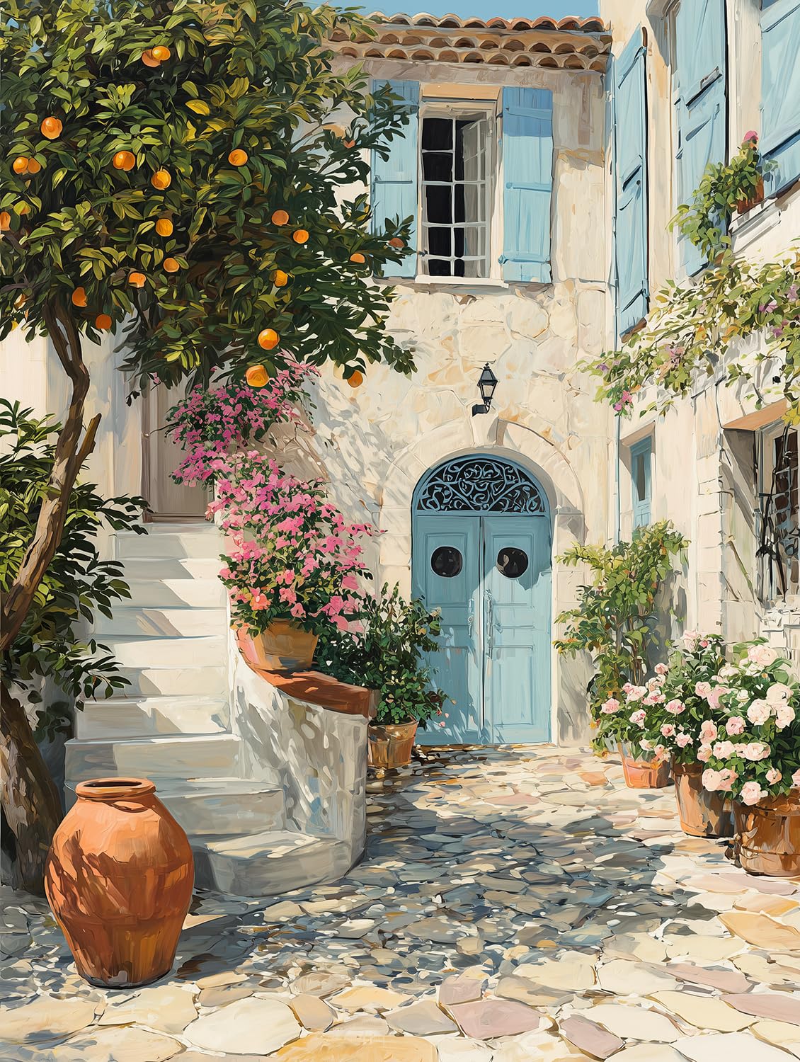 STYLER Tableau sur toile Tuscan Siesta 60 x 80 cm – cour méditerranéenne avec oranger – ambiance toscane chaleureuse – décoration murale italienne – collection Lucid Landscapes