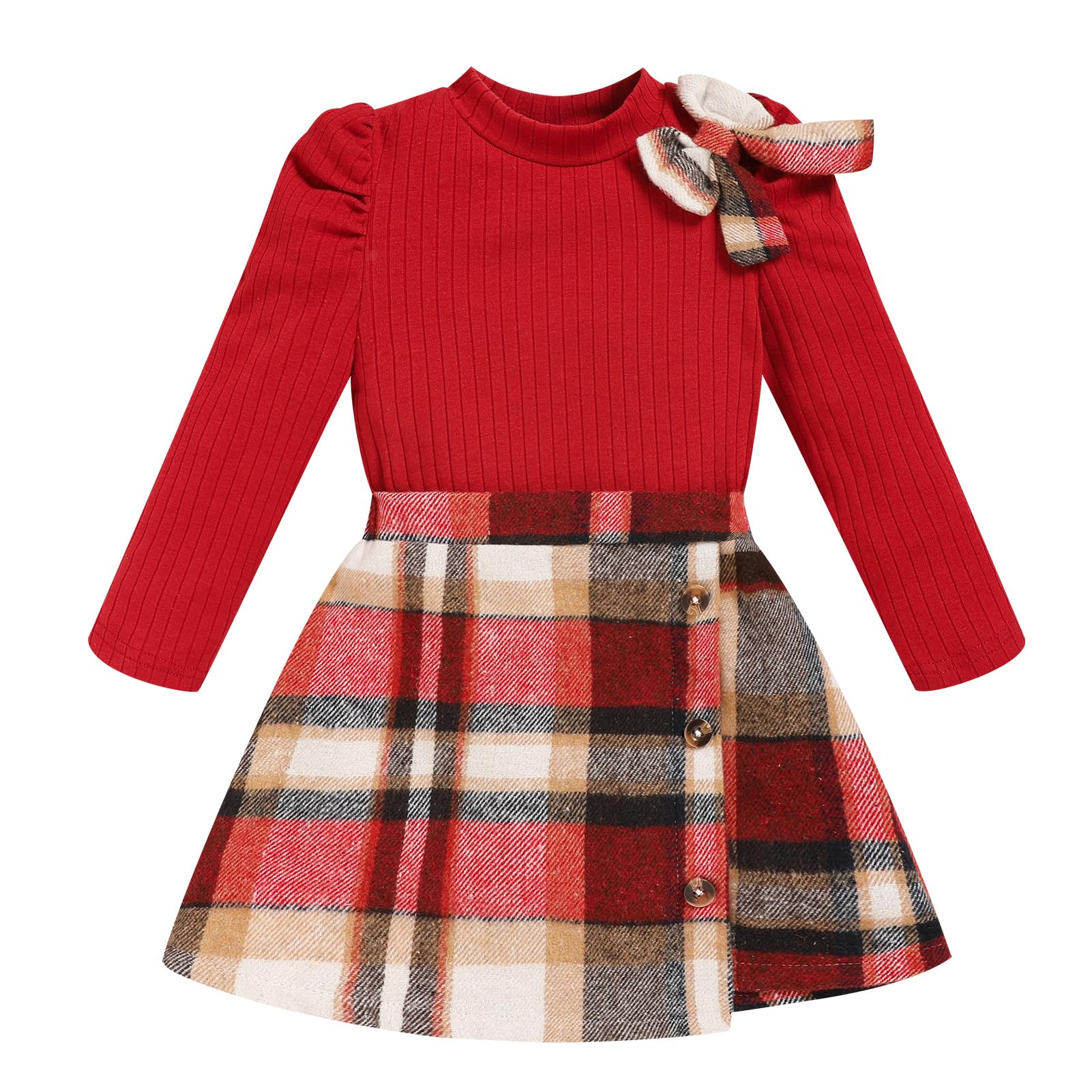 Toddler Girl Plaid Outfits Fall Winter Dress Knit Ribbed Bow Sweatshirt Tops and Button Fashion Skirts Set