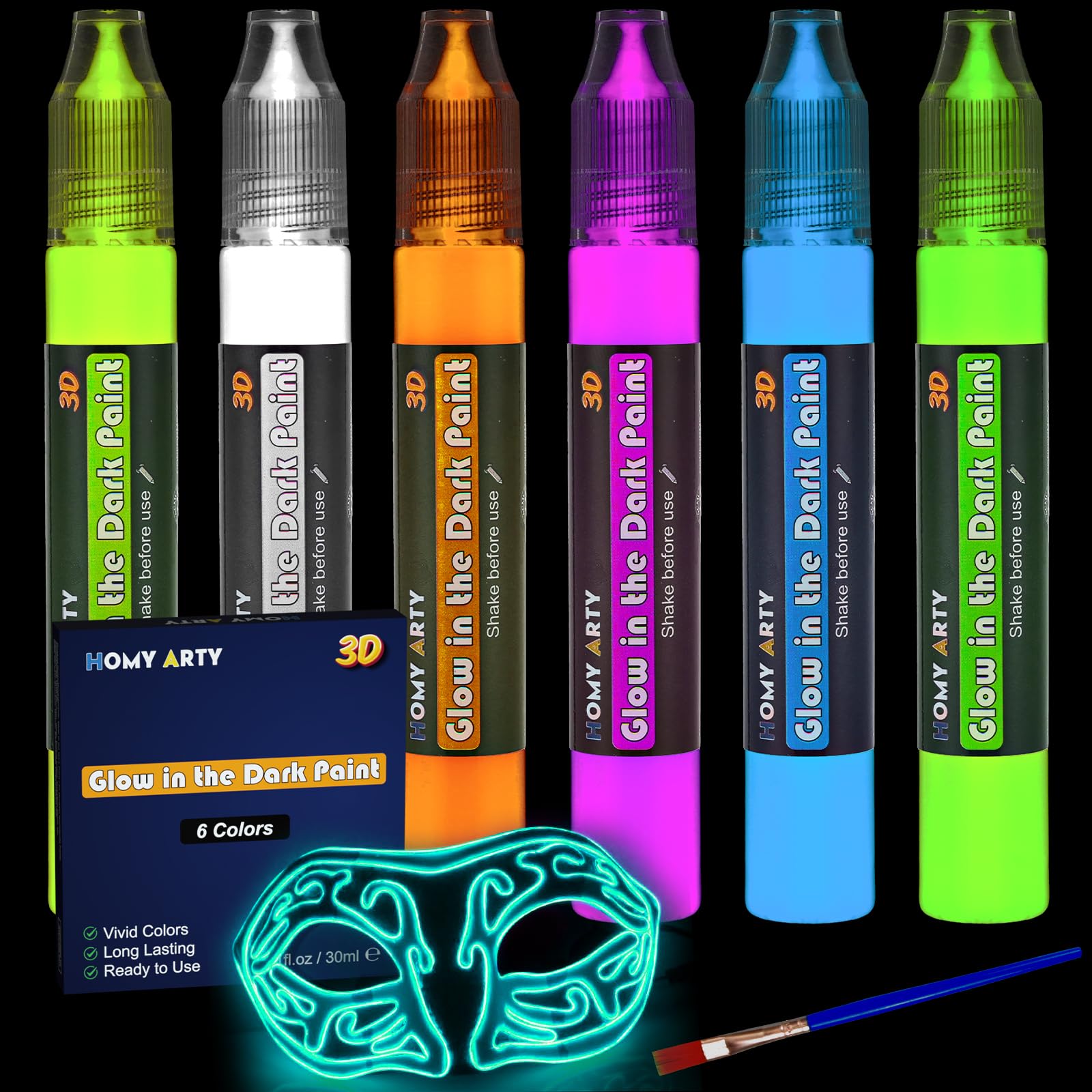 HOMY ARTY Glow in The Dark Paint, 6 Colours ×30ml 3D Waterproof Textile Paints, Fluorescent Colour DIY Fabric Paint Glue Stick For Painting, Canvas, Stone