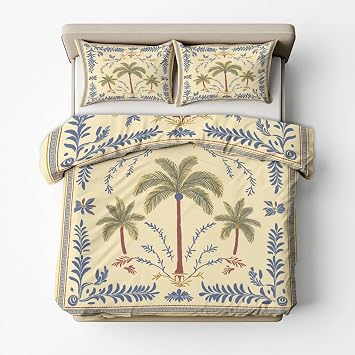 Palm Tree Duvet Cover Full Size | Antique Tropical Beige Blue Bedding Set | 3 Piece | Soft Microfiber Patterned Comforter Cover with Zipper Ties & 2 Pillowcases | Vintage Bedroom Decor