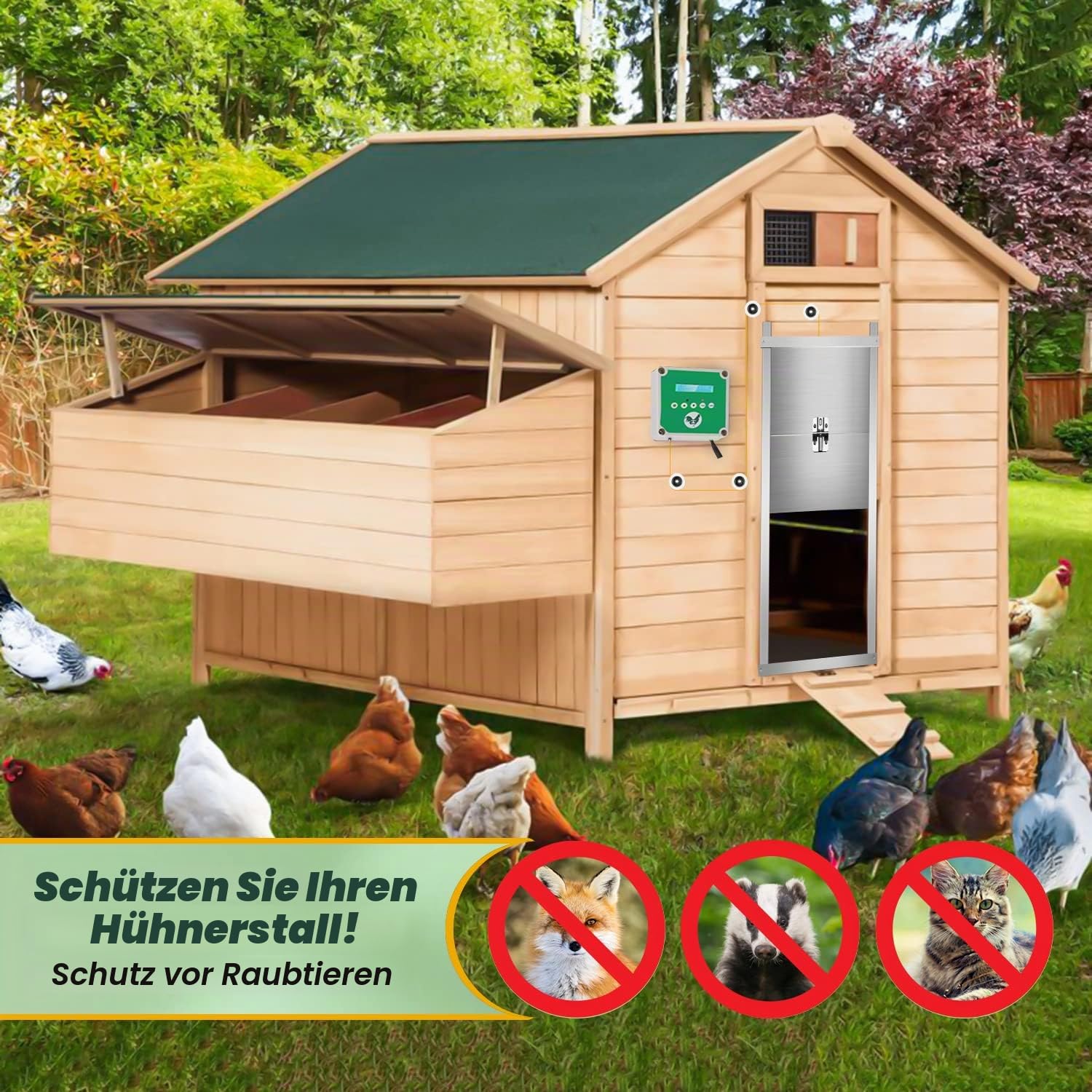 Automatischer Hühnerstalltüröffner mit Timer & 2 Fernbedienungen, Batterie- oder Solarbetriebenes IP65 Wasserdichtes Geflügeltür-Hebesystem