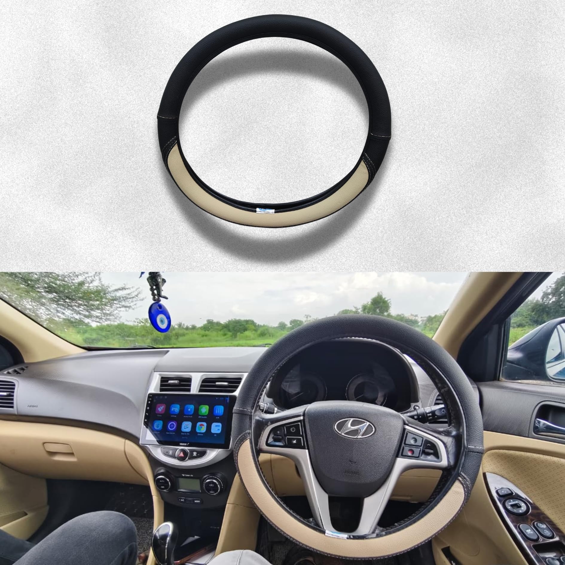 Pabla Round Shape Medium Size (38cm) (Outer Dimension 14.5 inches to 15.25 inches) Faux Leather Car Steering Wheel Cover Breathable & Anti Slip for Ultimate Comfort & Style (Black/Beige)-image-14