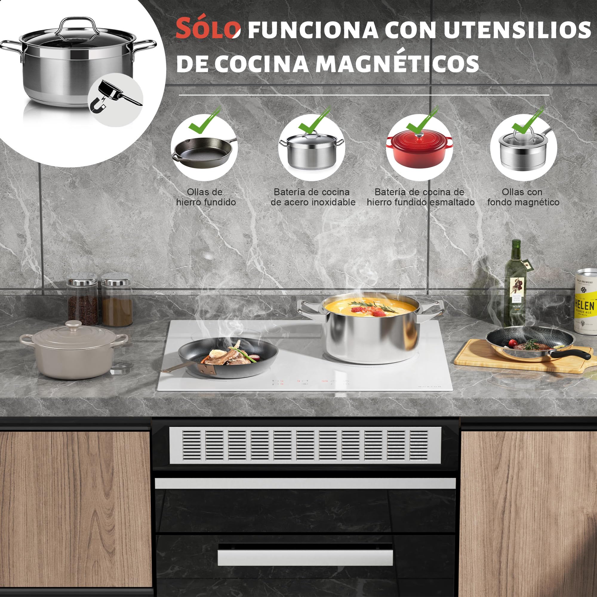 NOXTON Placa de Inducción Blanca 3 Fuegos, 60 cm, con Enchufe | NOXTON unción de Boost, Control táctil, Temporizador, Bloqueo de Seguridad, Apagado Automáti, 220 V - 240 V, 3500 W