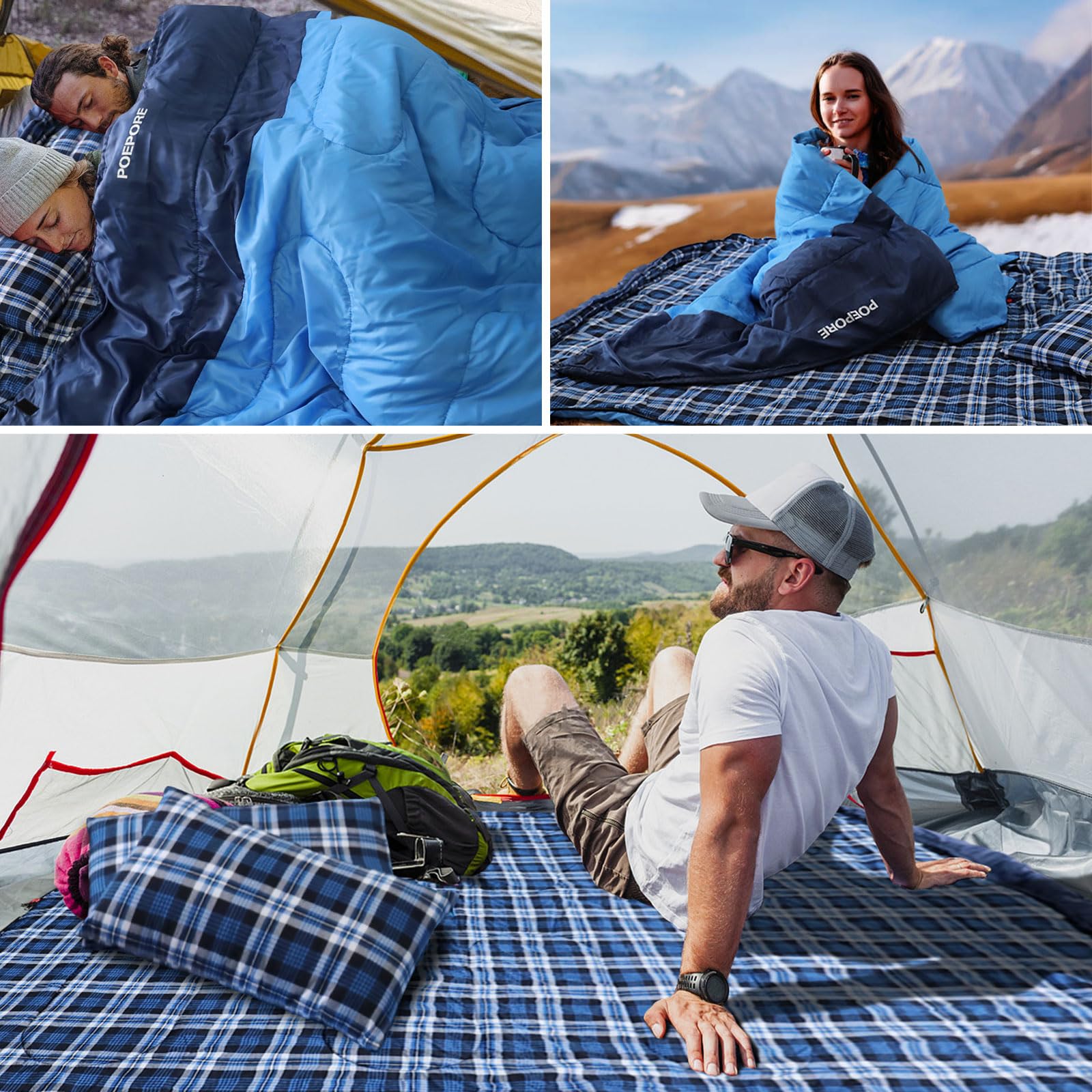 Sacco a Pelo Matrimoniale in Flanella per Adulti 0℃ 3-4 Stagioni Sacci a Pelo 2 Persone Portatile con 2 Pillow e un Sacco a Compressione Campeggio Trekking Escursioni 233 x 157 cm
