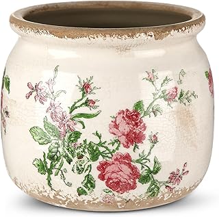 Vintage Planter Large Ceramic Plants Pot Beige Pink French Rose Ice Crac...
