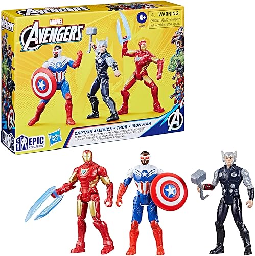Miniatura 2 de Marvel Avengers Epic Hero Series Team-Up - Paquete de regalo, 4 pulgadas a escala (3.9 in) Capitán América, Thor, figuras de acción de Iron Man,