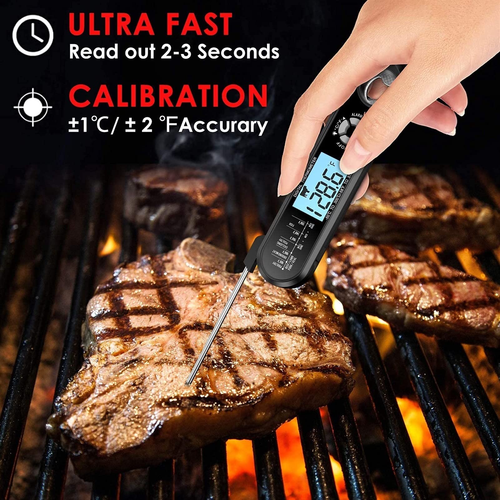 XMING Termómetro de Carne Read Lectura instantánea Caja Fuerte 2 en 1 Termómetro de Alimentos Digitales de Doble sonda con retroiluminación de Alarma para Cocina Cocina A la Parrilla Fumar Barbacoa (
