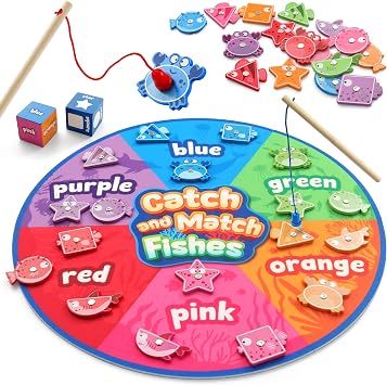 Coogam Montessori Toy for Kids, Fine Motor Skill Wooden Magnetic Fishing Game for Year Old Kids, Color and Shape Sorter for Age 3 4 5 Girls Boys Preschool Educational Gift