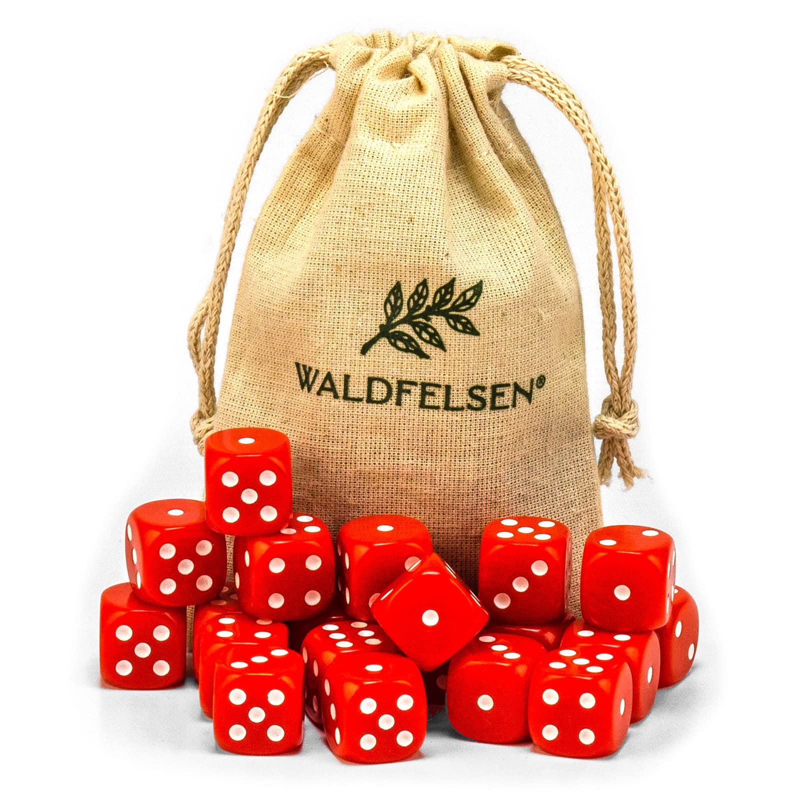 Waldfelsen® 6, 12, 20, 30 or 50 High-Quality Cubes Standard Size 16 mm Acrylic Cube Puzzle Play Cube Dice 6-Sided Six-Sided Game Accessory Set with Cloth Bag (Red, Pack of 20)