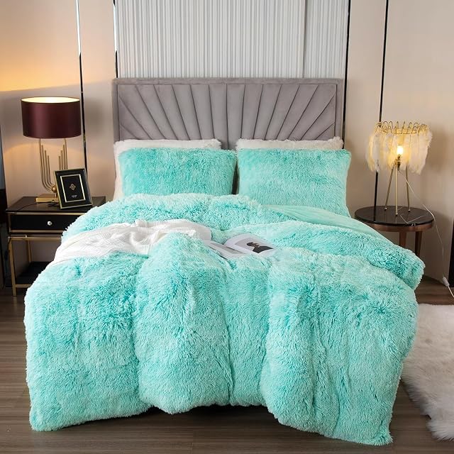 EMME Luxury Fuzzy Duvet Cover Set Double Size Fluffy Comforter Cover Set for Double Bed Shaggy and Plush Soft Bedding Duvet Covers (Aqua Ombre,Double)