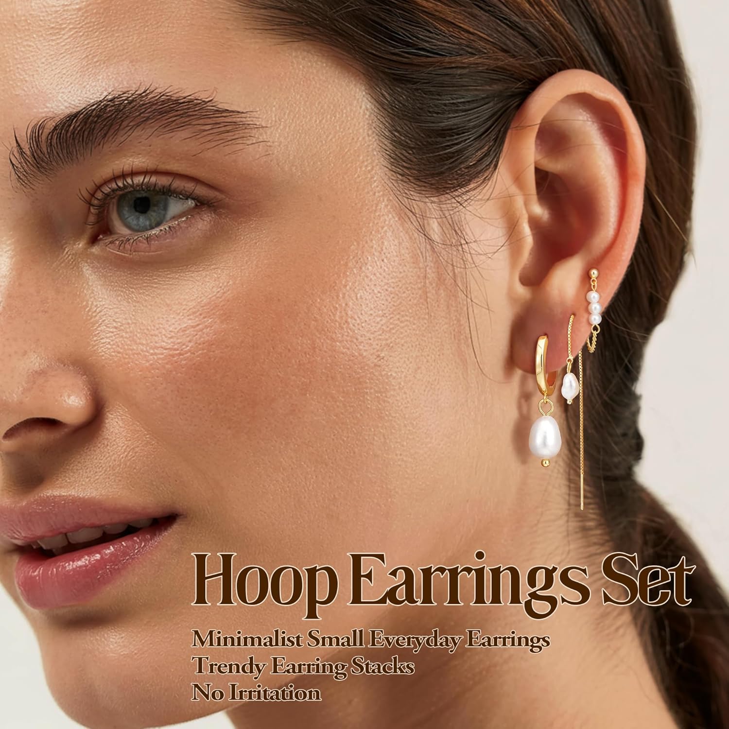 Turandoss Pearl Earrings Set for Women, Dangle Hoop Earrings, Mismatched Threader & Stud Earrings, 14K Gold Plated Jewelry for Multiple Piercings - Image 2