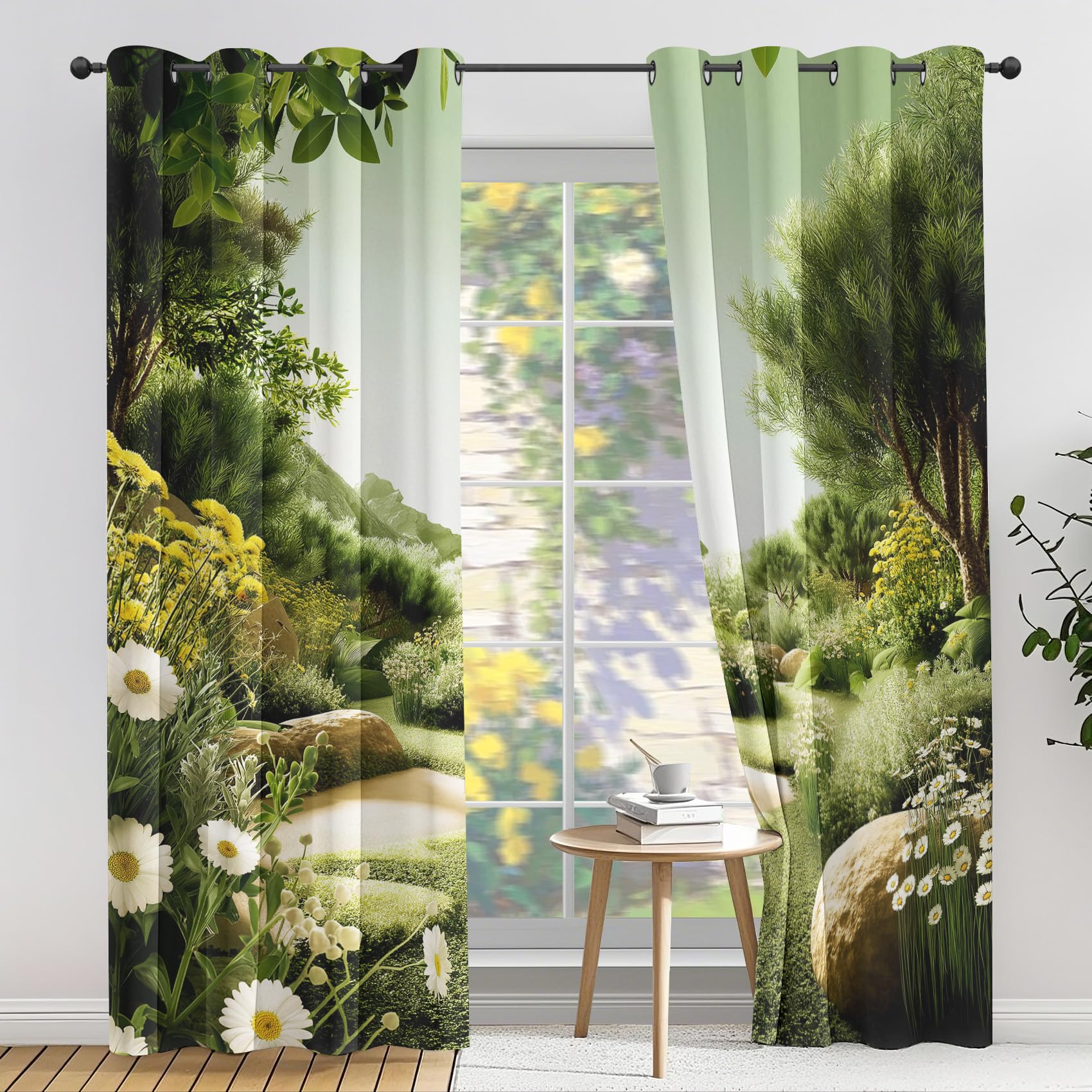 Generisch Natur Landschaft Vorhang, Grüne Bäume Wildblumen Blickdicht Gardinen für Wohnzimmer Schlafzimmer, Waldpflanzen Vorhänge mit Ösen Verdunklungsvorhänge - Deko Vorhänge 2er Set 110x215 cm