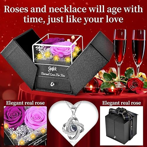 Miniatura 5 de 2 Rosa Preservada de Regalo para Mujeres - Rosa Eterna con Collar "Te Amo" - Regalos Románticos de Cumpleaños para Novia, Mamá, Esposa, Abuela en
