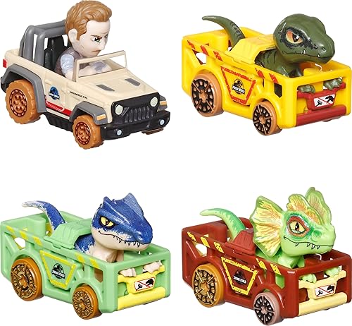 Miniatura 2 de Hot Wheels Coches de juguete, RacerVerse, paquete de 4 vehículos fundidos a presión con personajes de Jurassic World Charlie, Owen, Dilophosaurus y