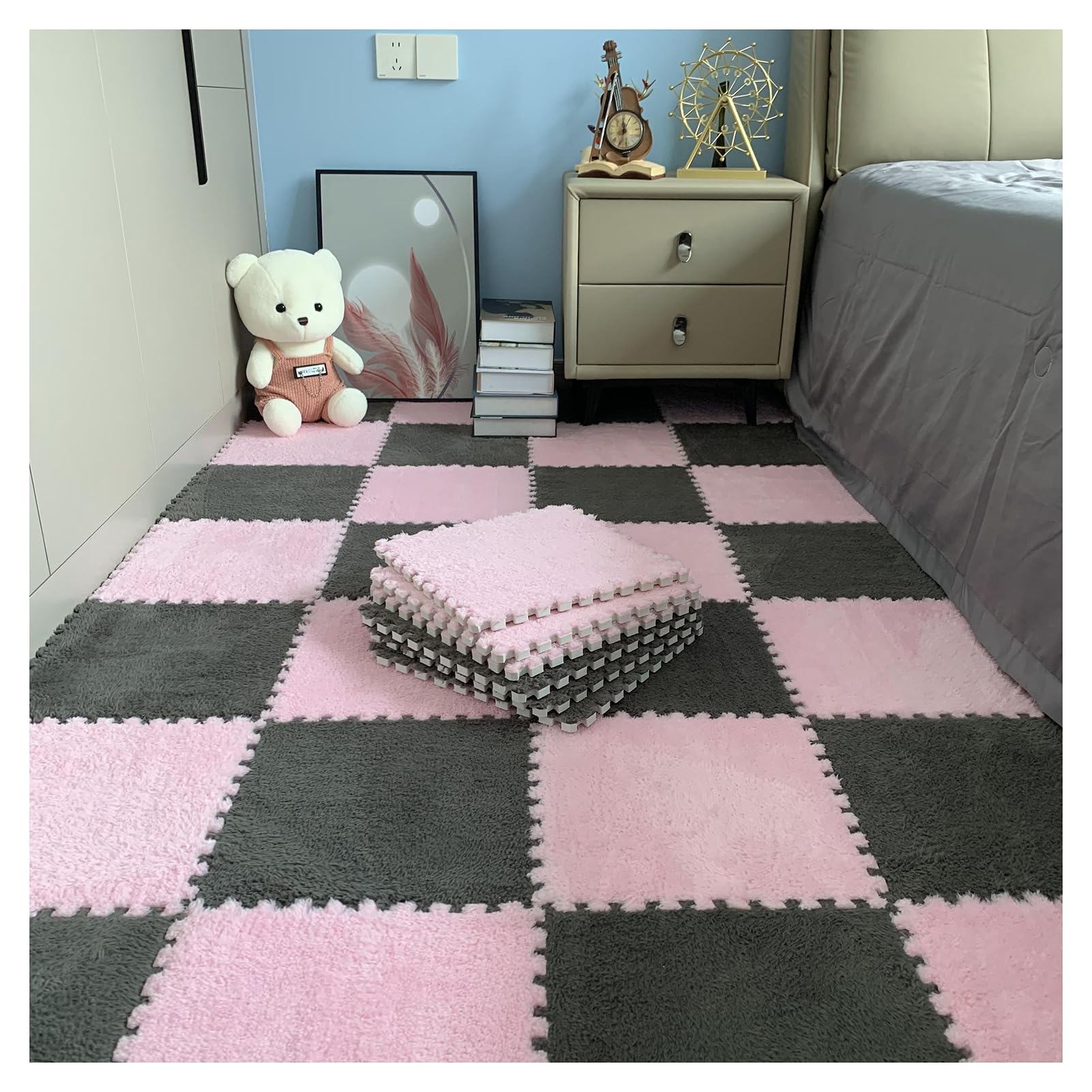 Palymats Lot de 10 Tapis en Mousse emboîtables, Dalles de Moquette moelleuses, Tapis en Peluche, Carreaux de Sol carrés à épissure, Tapis de Jeu Doux for Salle de Jeux(Gray+Pink)