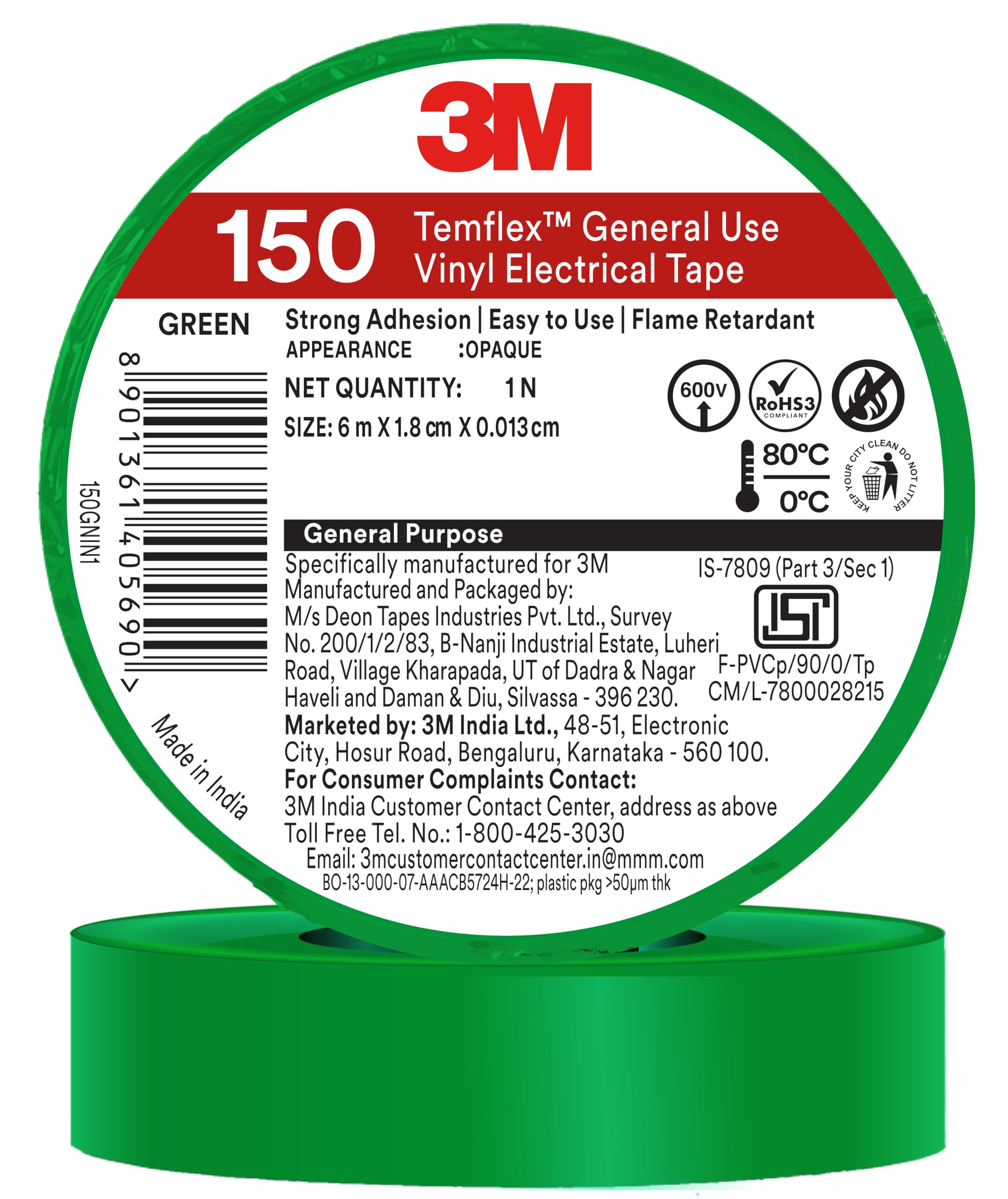 Temflex 150 Vinyl Electrical Tape, For Residential and Commercial, Use in General wire harness taping, bundling wires, cables and wire pulling and fishing (18mm X 6M, 10 Rolls/Pack, Green)