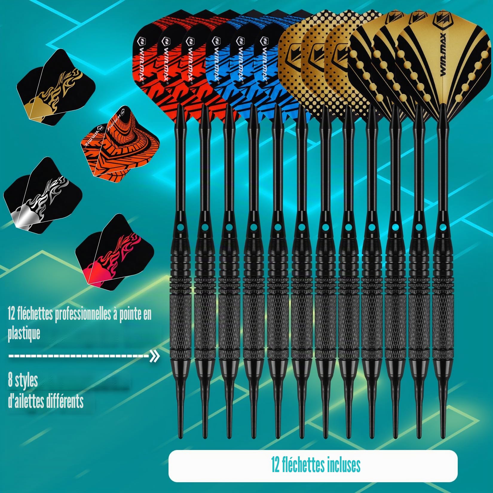 Jeu de fléchettes électronique, kit professionnel avec laser Throw/Toe Line marqueur avec voix allemande, adapté pour batterie/adaptateur pour 1 à 8 joueurs avec 12 lots