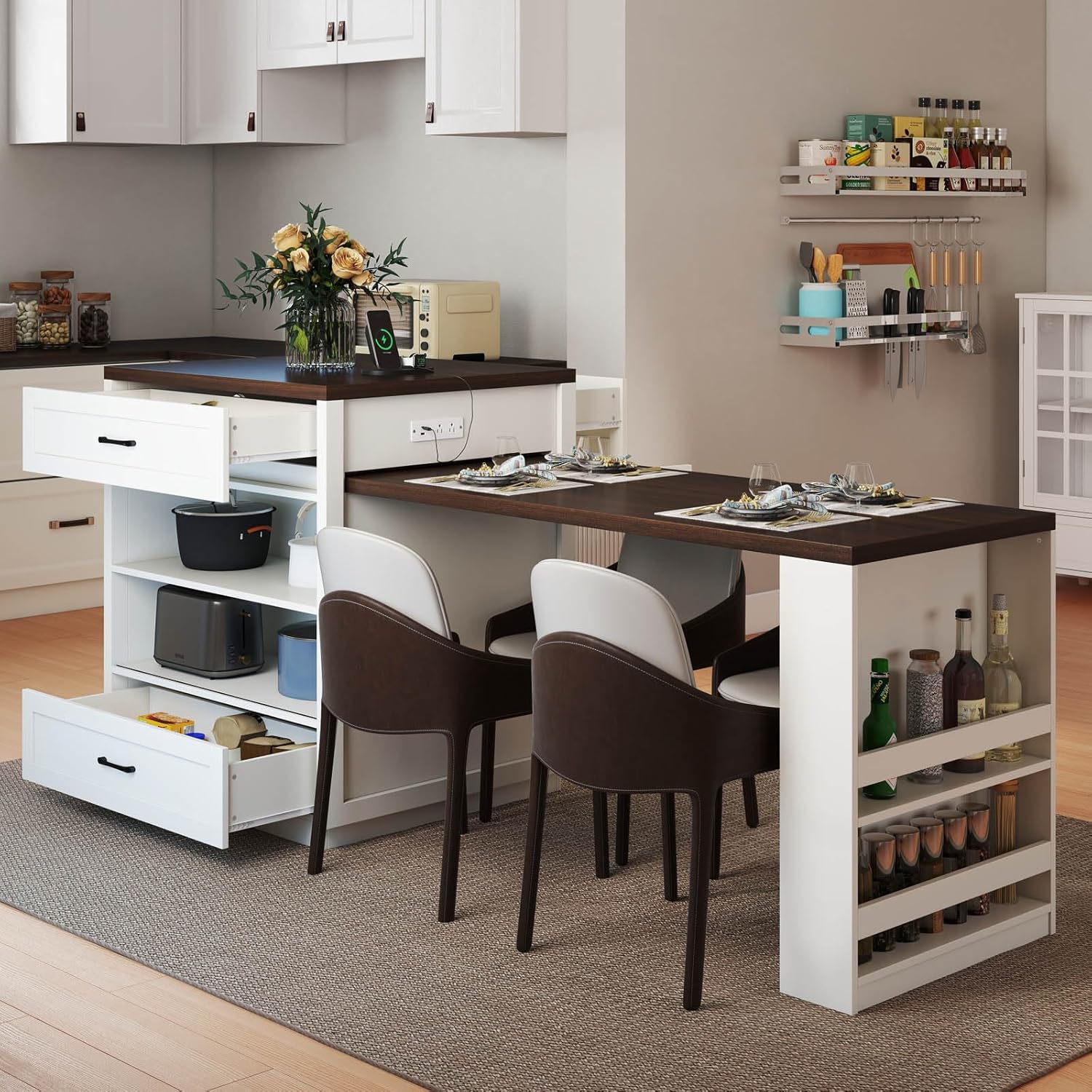 83'' Extendable Kitchen Island with Dining Table,2-in-1 Large Kitchen Islands with 3 Drawers and 2 Shelves,Wood Island Table with Charging Station for Dining Room,Office,House Bar,White