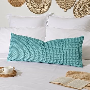 Kevin Textile 14x36 Inch Long Lumbar 1 Pack Boho Decorative Throw Pillow Cover Soft Striped Corduroy Rectangle Cushion Case Farmhouse Solid Color Accent for Living Room Couch Sofa Bed, Aqua Green
