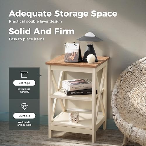Miniatura 6 de MAISON ARTS Mesas auxiliares, juego de 2 mesitas de noche de granja, mesa auxiliar pequeña para sala de estar de 3 niveles moderna, mesitas de noche