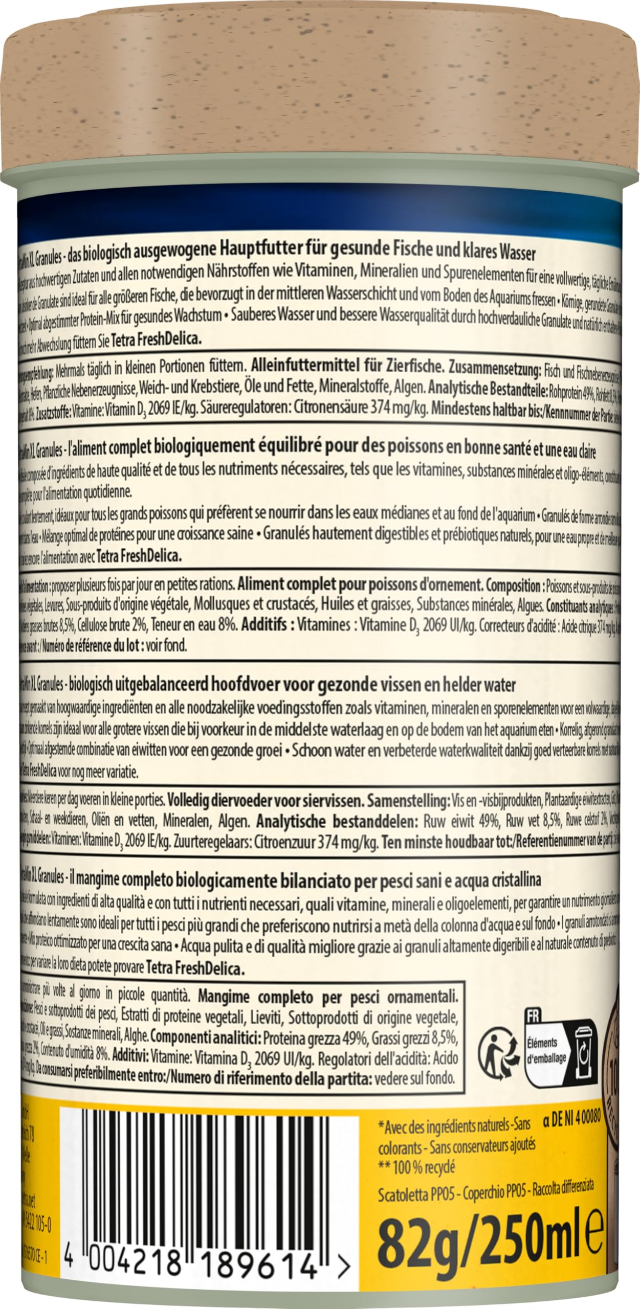 TetraMin XL Granules - Mangime per pesci a lento affondamento per pesci ornamentali di grandi dimensioni nello strato d'acqua centrale dell'acquario, lattina da 250 ml