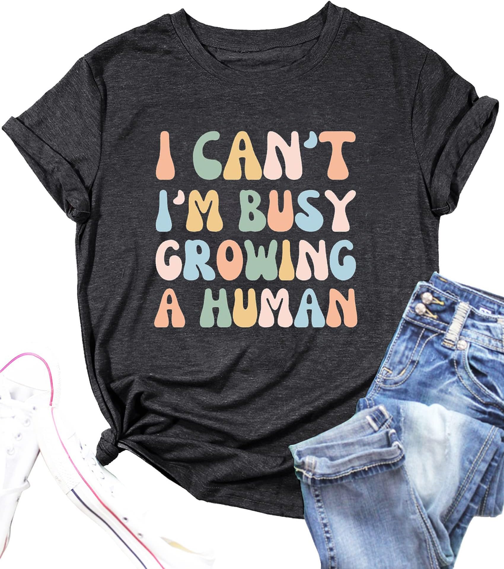 Mom Shirt I Can't I'm Busy Growing A Human Graphic T Shirt Mama Shirts for Women Pregnancy Tees Summer Vacation Short Sleeve, Grey, S
