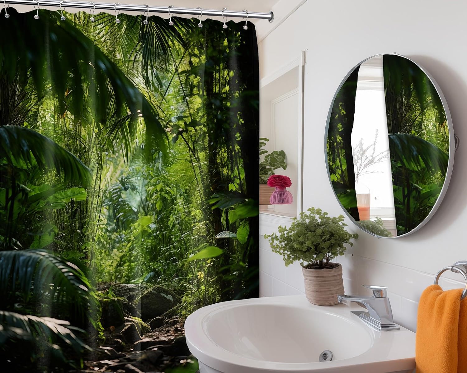 Green Forest Shower Curtain 35x85in-90x215cm Tropical Jungle Forest Plant Wild Nature Summer Scene Landscape Washable Polyester Cloth Fabric Shower Curtain for Bathroom Bathtubs Hotel