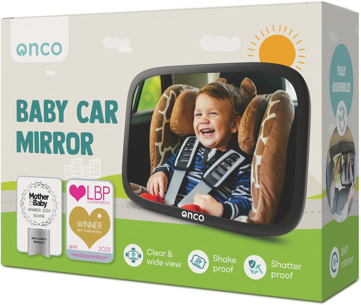 Onco Baby Car Mirror for Back Seat - Double Award-Winning, 100% Shatterproof Mirror, 360° Baby Must Haves, New Born Essentials, Car Mirror Rear Facing, Universal & Shake-Proof