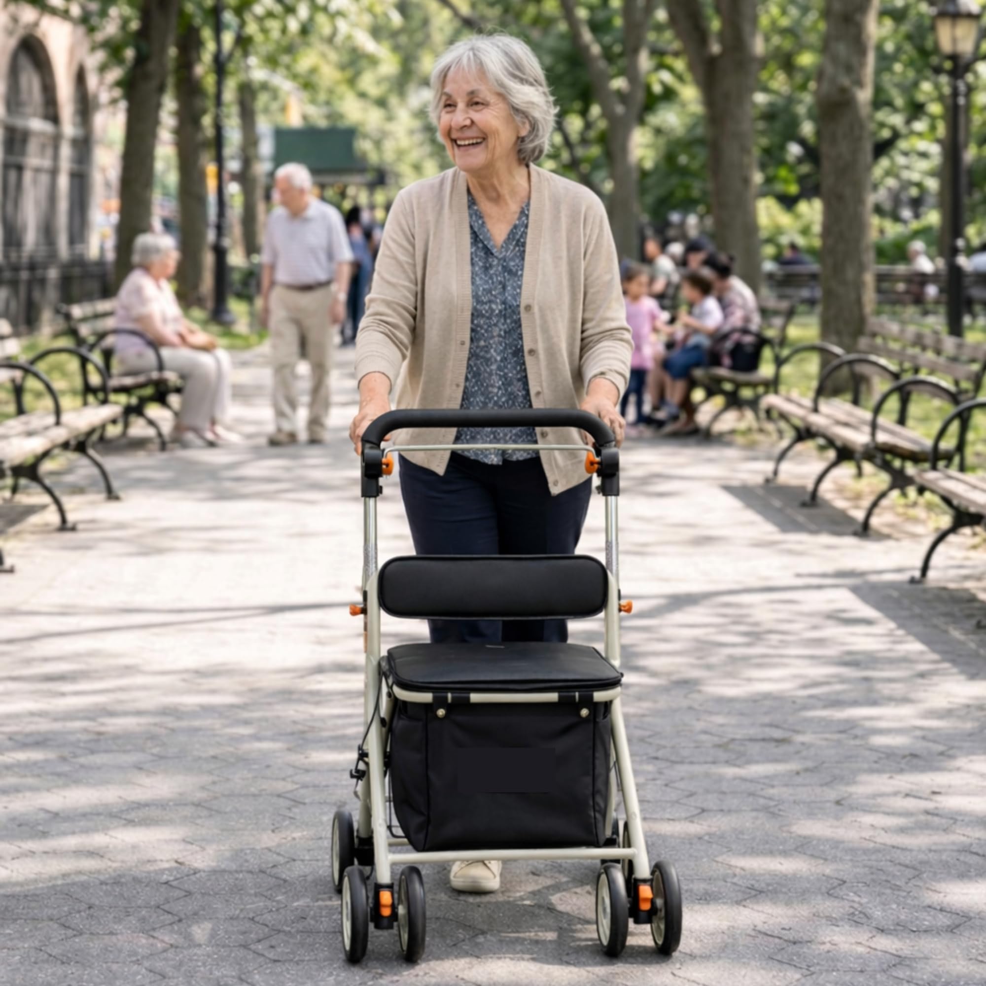 Andador Carro de Compra para Mayores – Plegable,Asiento y Respaldo Acolchado, Freno Seguridad, Bolsa Extraíble, Ruedas 360º -Ligero y Ajustable en Altura- PESO SOPORTADO 130KG- MARCA ESPAÑOLA