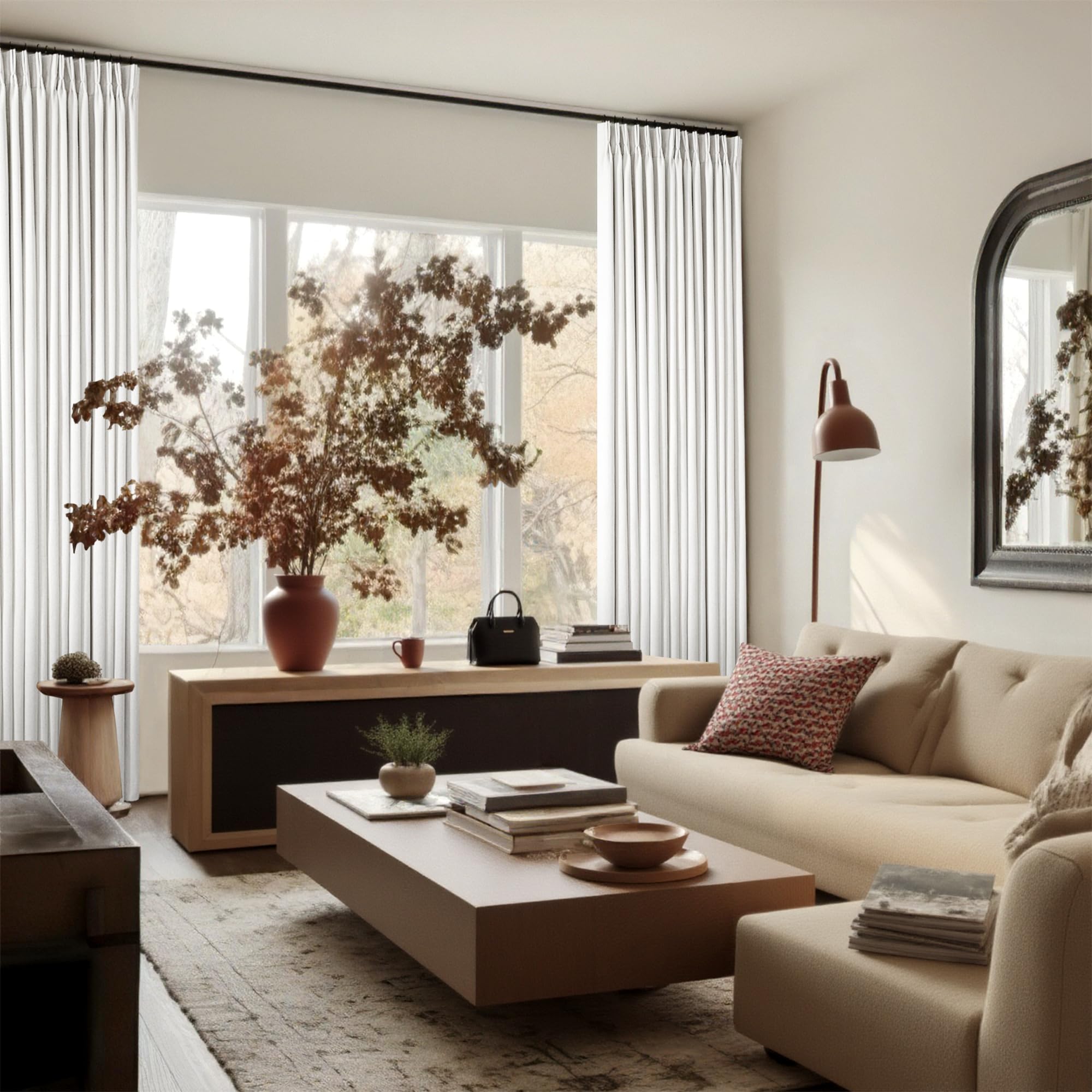 TWODRAPES 90 Inch Linen Blackout Curtains Pinch Pleated for Living Room Thermal Noise Reduction Two Layer 100% Black Out Curtains with Liner Back Tab Pinch Pleat Rings Hooks Window Drapes Track **CREAM BEIGE