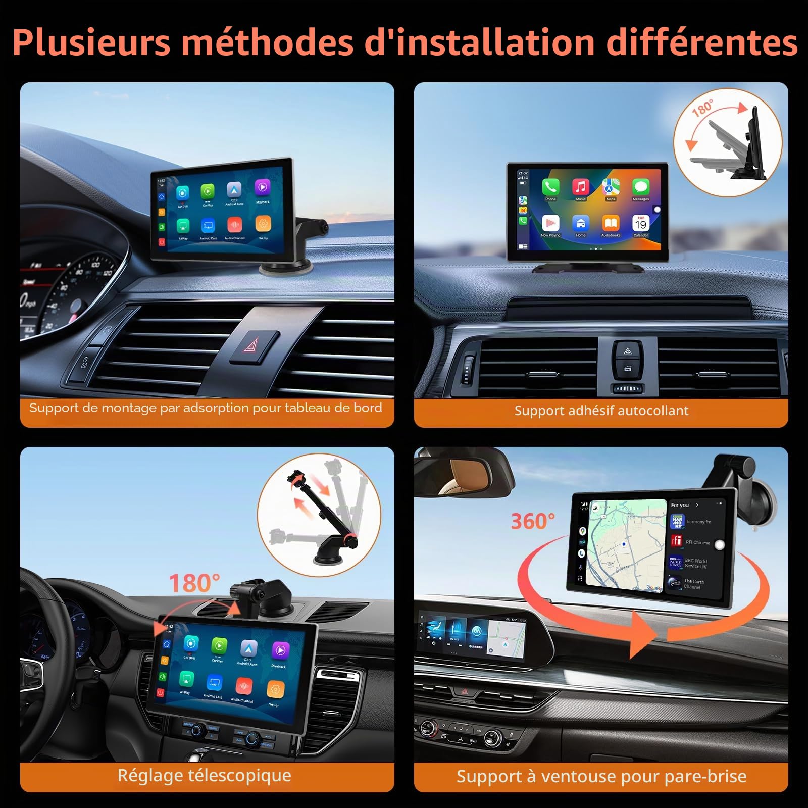 Écran de voiture portable 9" CarPlay/Android Écran tactile IPS HD avec caméra embarquée 4K et caméra de recul 1080p, Commande vocale BT FM Mirror Link pour tous les véhicules