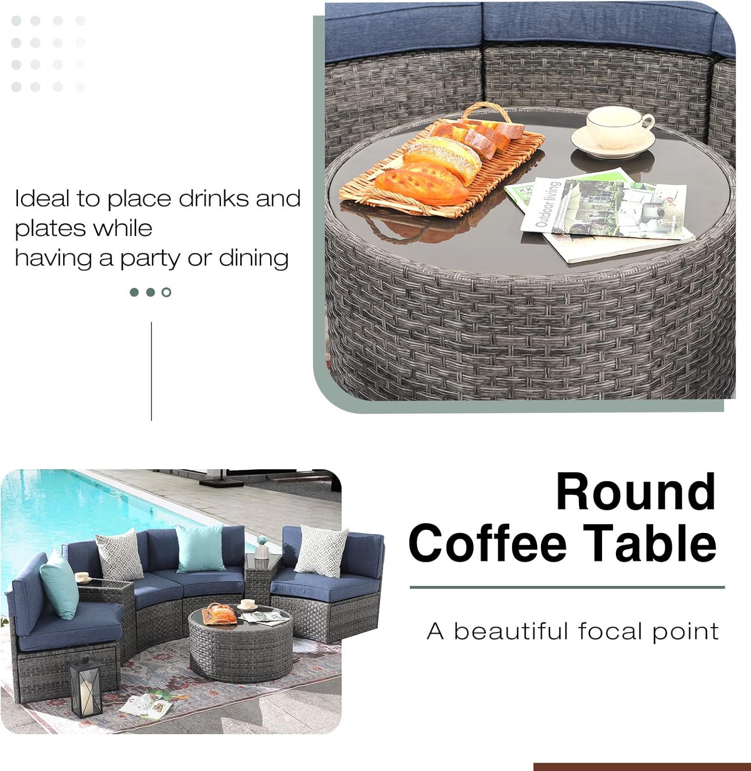 SUNSITT Outdoor 7-Piece Half-Moon Sectional Furniture Set with Round Coffee Table, Patio Curved Sofa Set, Denim Blue Cushion and Grey Wicker, Incl. Waterproof Cover
