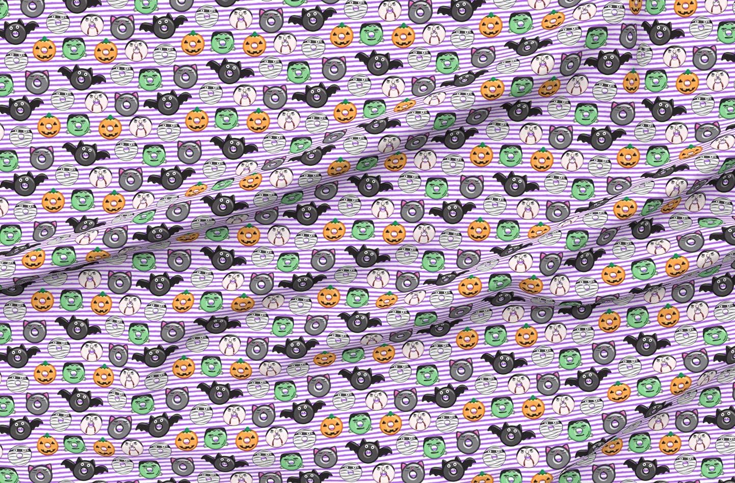 Spoonflower Fabric - Halloween Donuts Purple Stripes Monsters Pumpkin Black Cat Vampire Printed on Polartec(R) Fleece Fabric by The Yard - Sewing Blankets Loungewear and No-Sew Projects