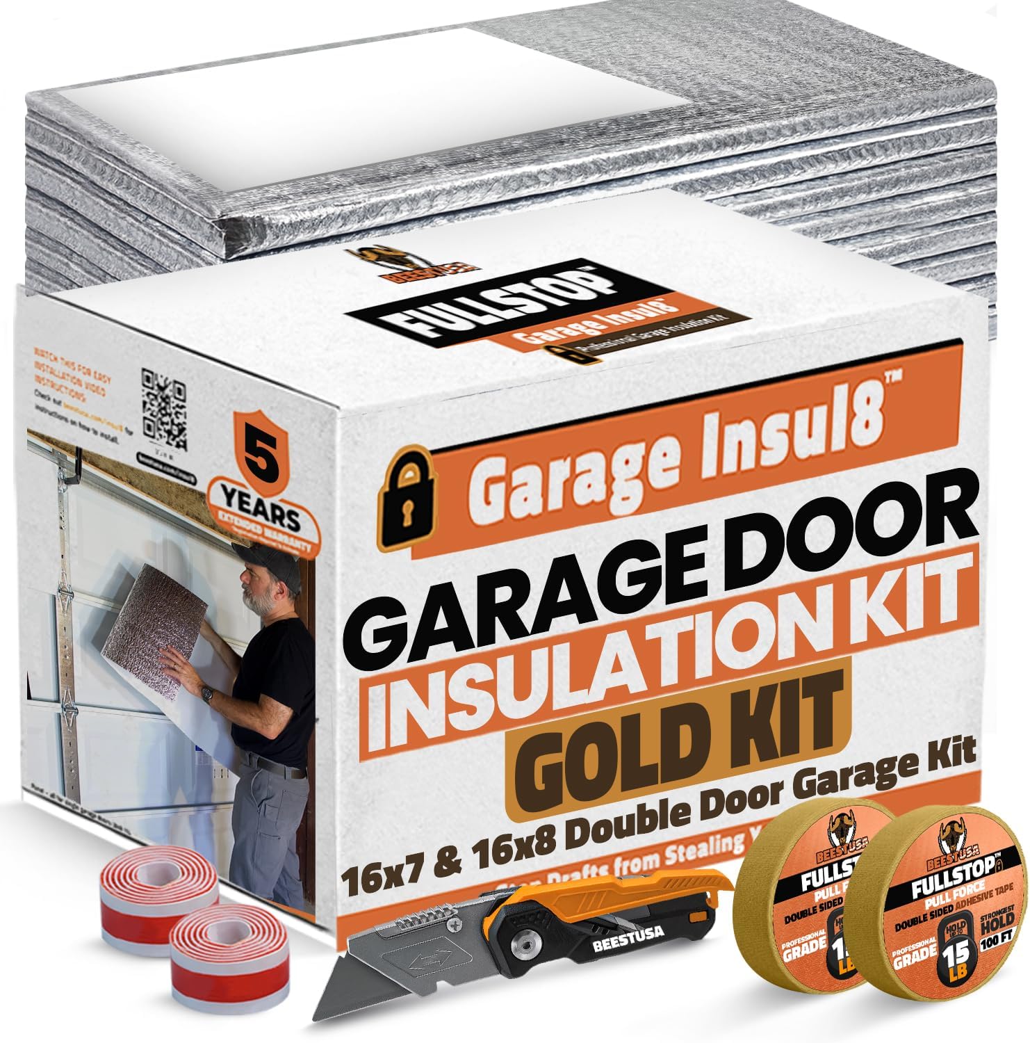 BEEST FULLSTOP Garage Door Insulation Kit w/ Seals & Window Films - 16x7 & 16x8 ft Double Garage Door Insulation Panels - Easy-to-Install 16 Pre-Cut 24x48 Foam-Core Panels w/ Tape, Cutter & Squeegee