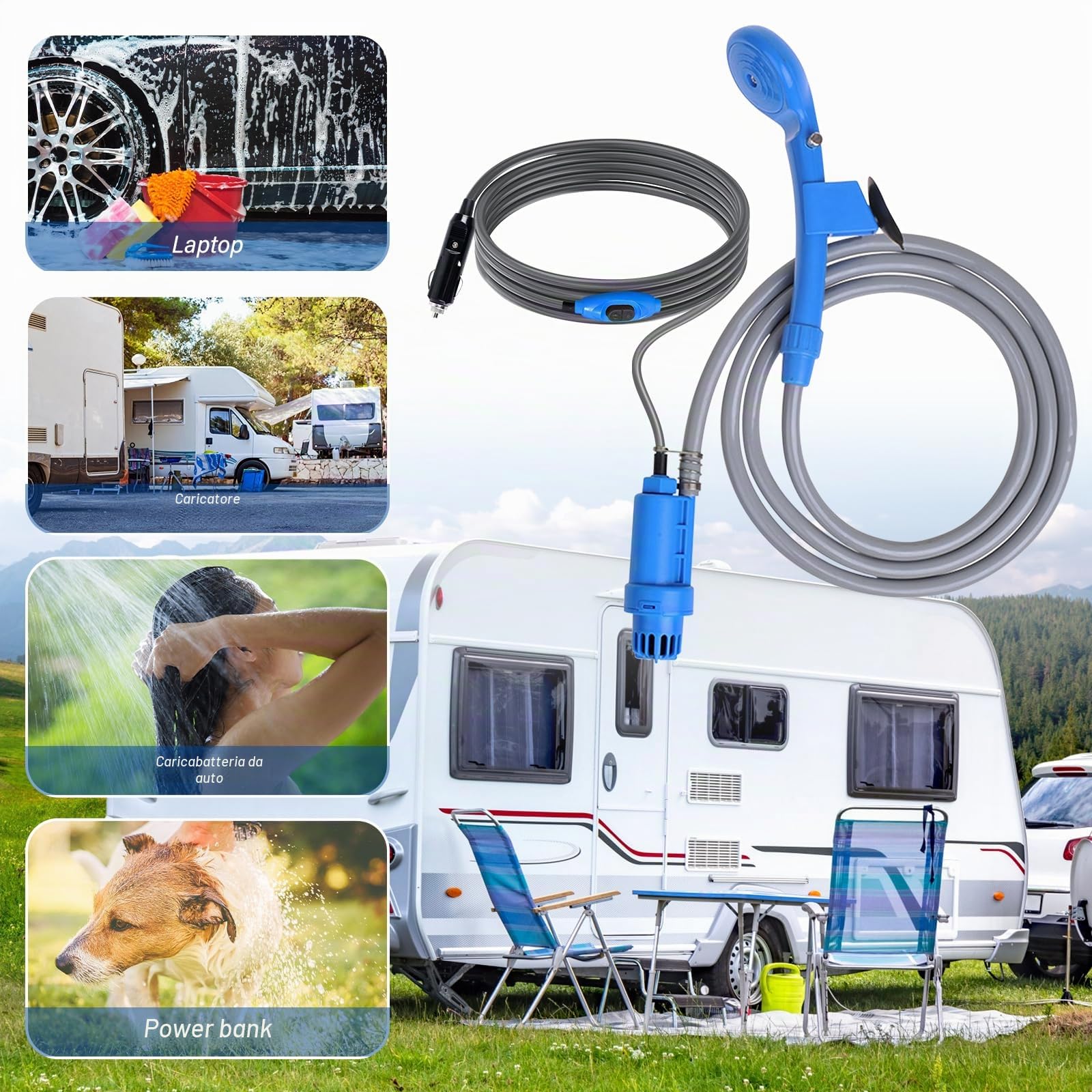 PORFOYO Doccia da Campeggio con Pompa, Doccia da Campeggio Portatile con Pompa 12V, Doccia da Campeggio con Batteria, Doccia da Campeggio 12V Autodoccia, Doccia per Campeggio, per Campeggio