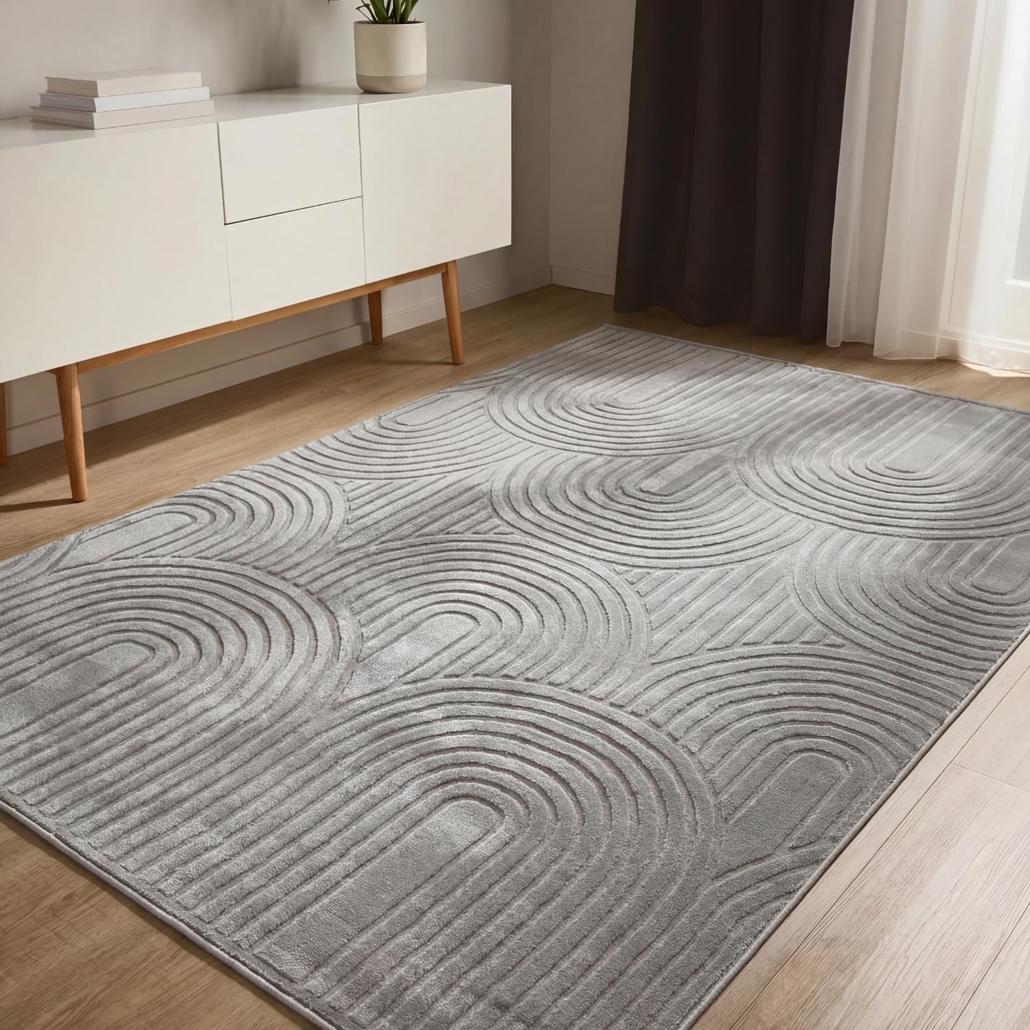 benuta Basic Teppich Claire - Grau 140x200 cm - Minimalistischer Wohnzimmerteppich im Geometrischen Retro-Stil - Pflegeleicht - Fußbodenheizung Geeignet